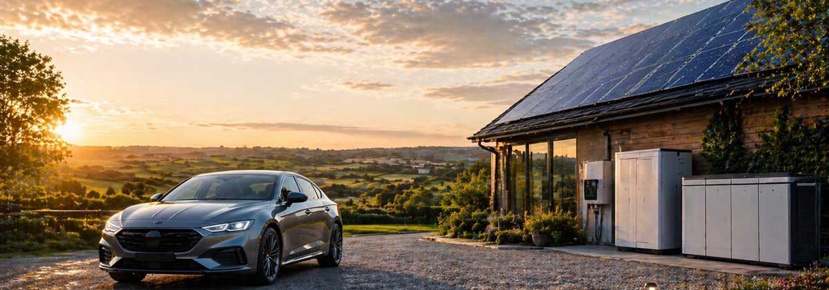 UK car and energy systems including solar panels and battery storage
